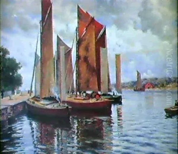 Segelbatar Vid Brygga- Motiv Fran Marstrand Oil Painting by Johan Ericson