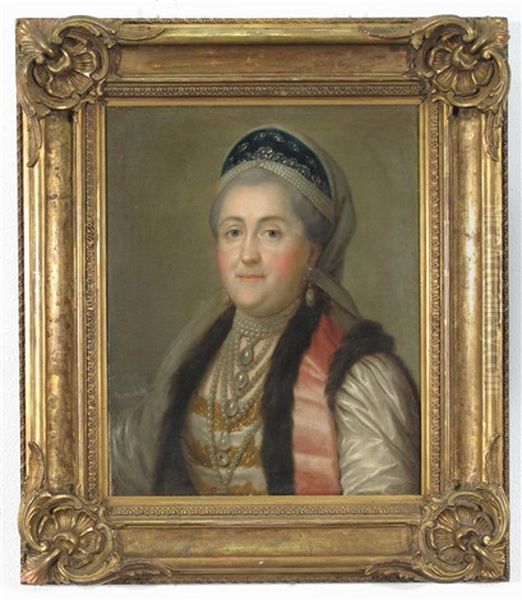 Portrait Of Catherine Ii, Empress Of Russia, Catherine The Great, Wearing A Traditional Kokoshnik And Fur-trimmed Bolero, An Embroidered Dress Oil Painting by Vigilius Eriksen