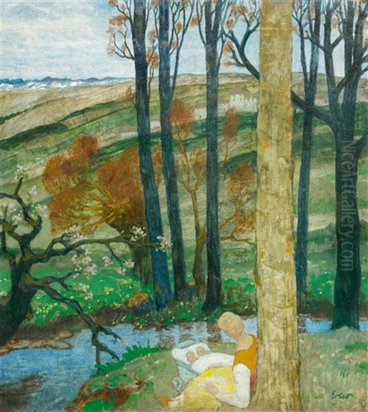 Mother And Child At The Waterside Oil Painting by Fritz Erler