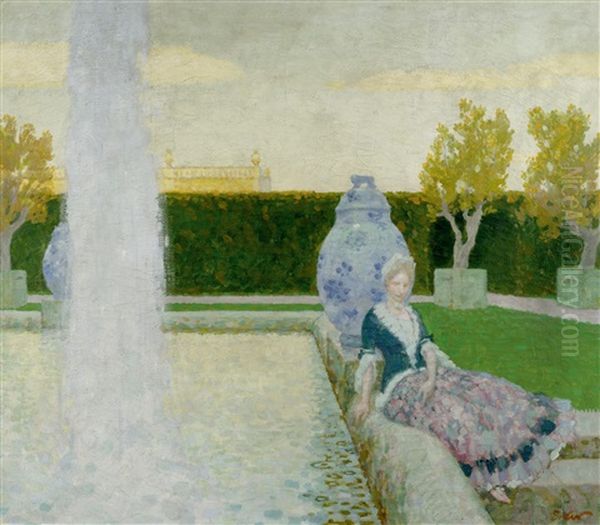 Frau Im Park Am Brunnen Oil Painting by Fritz Erler