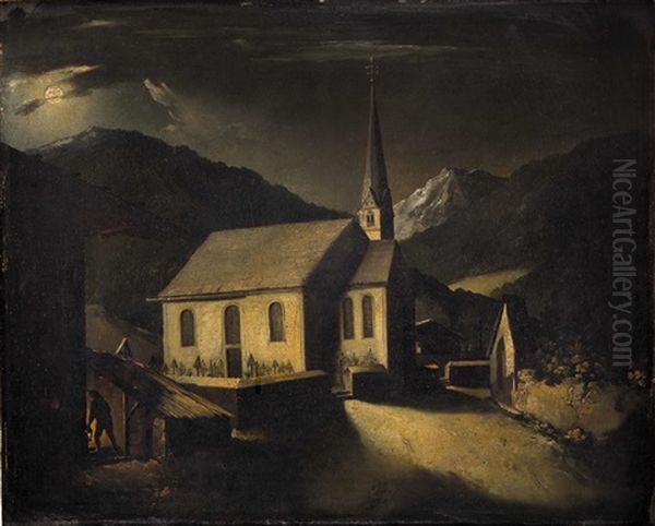 Vollmond Uber Einem Dorf In Den Alpen (+ Dorfplatz Mit Brunnen; Pair) Oil Painting by Josef Erler