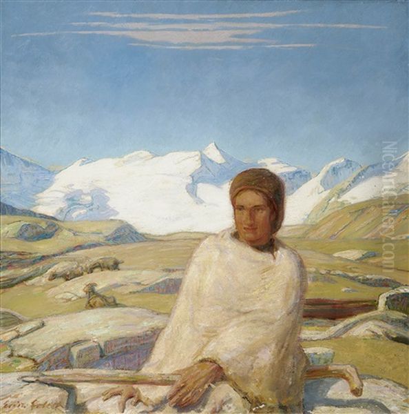 Sheperdess In Front Of Engadiner Mountain Scenery Oil Painting by Erich Erler-Samedan