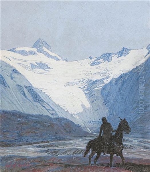 A Glacial Landscape With A Horseman Oil Painting by Erich Erler-Samedan