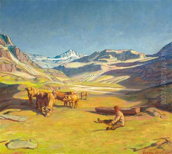 Sunny Summer Day In The Alps Oil Painting by Erich Erler-Samedan