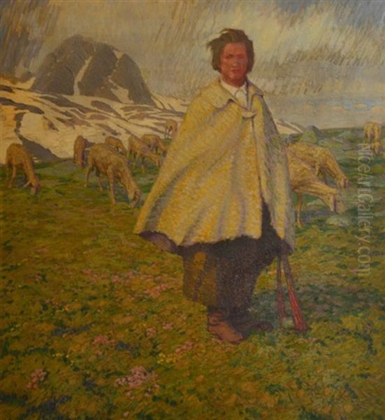 Shepherd With Ships Oil Painting by Erich Erler-Samedan