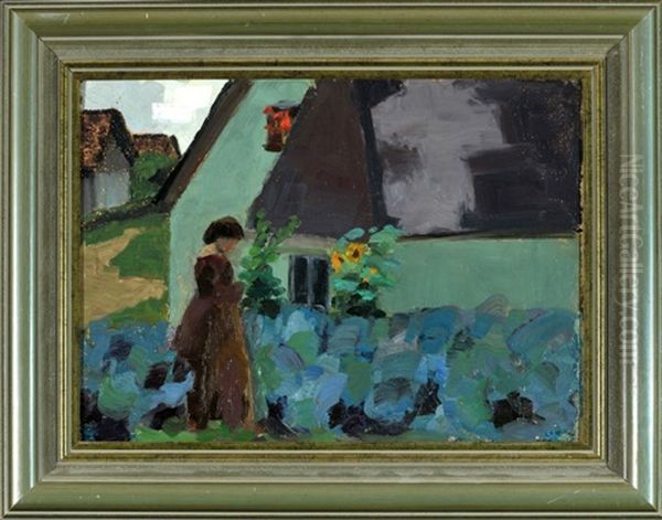 Frau Im Garten Am Haus Oil Painting by Erich Erler-Samedan