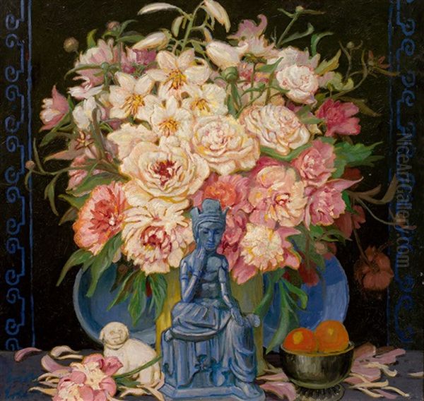 Prachtvolles Blumenstilleben Mit Buddha-statue Und Shishi Oil Painting by Erich Erler-Samedan