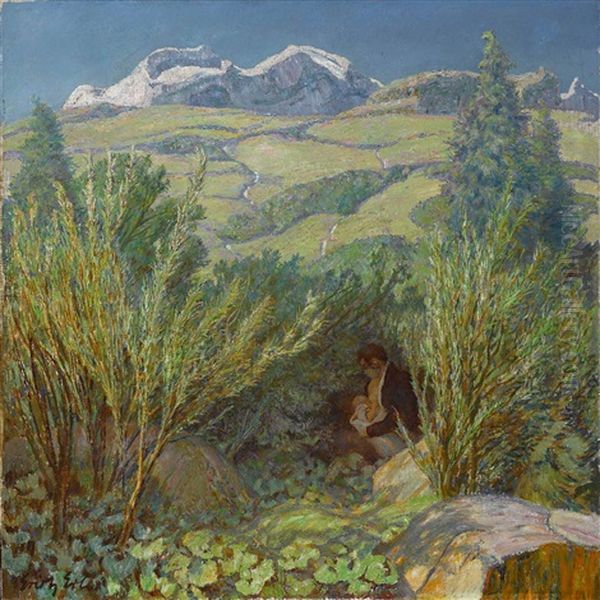 Berglandschaft Mit Mutter Und Grunen Weiden Oil Painting by Erich Erler-Samedan