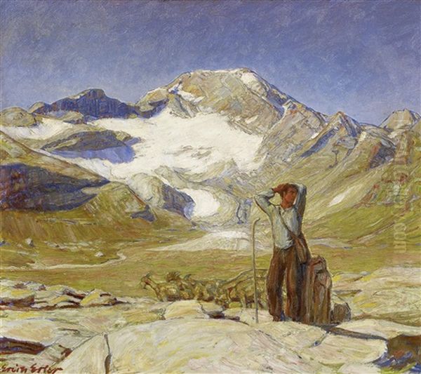 Ziegenhirte Im Hohgebirge Oil Painting by Erich Erler-Samedan