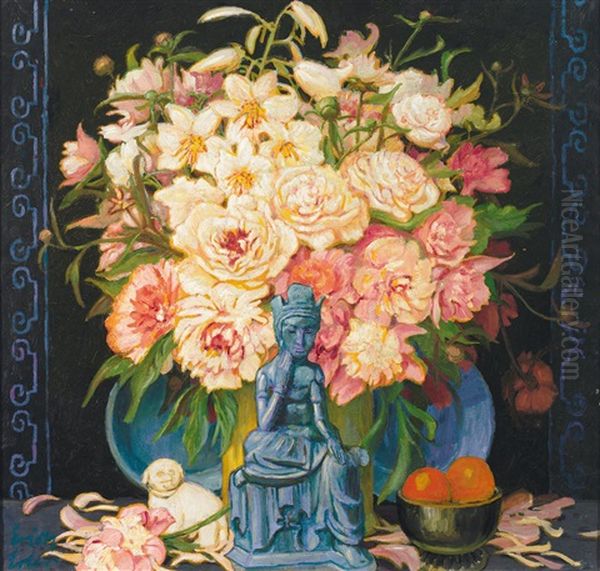 Prachtvolles Blumenstilleben Mit Buddha-statue Und Shishi Oil Painting by Erich Erler-Samedan