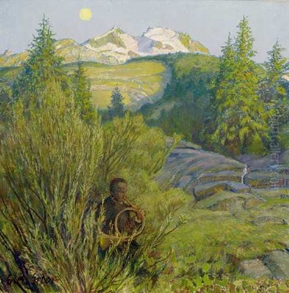 Hornblaser Im Hochgebirge Oil Painting by Erich Erler-Samedan