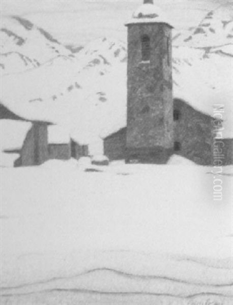 Verschneite Kirche In Alpenlandschaft Oil Painting by Erich Erler-Samedan