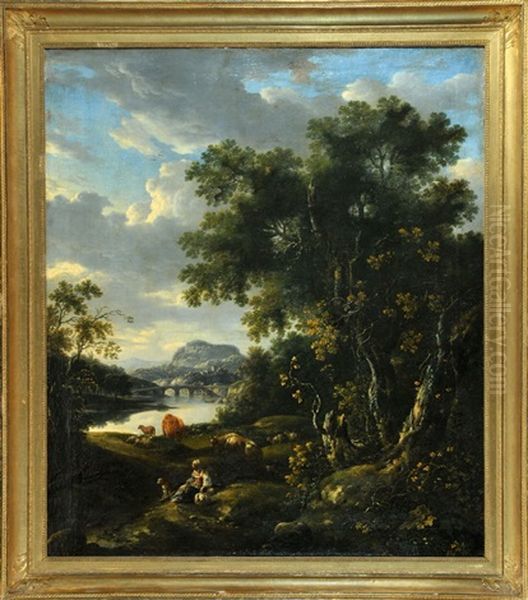 Ideallandschaft Mit Rastender Viehhirtin Und Tieren Am Fluss Oil Painting by Johann Franciscus Ermels