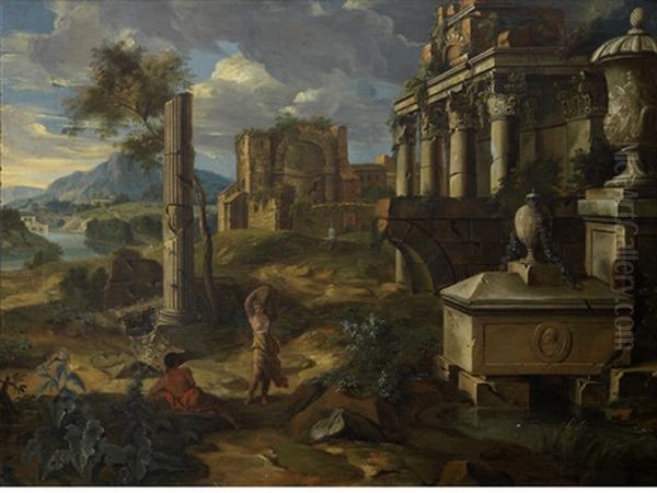 An Architectural Capriccio With Figures Resting Amongst Ruins by Johann Franciscus Ermels