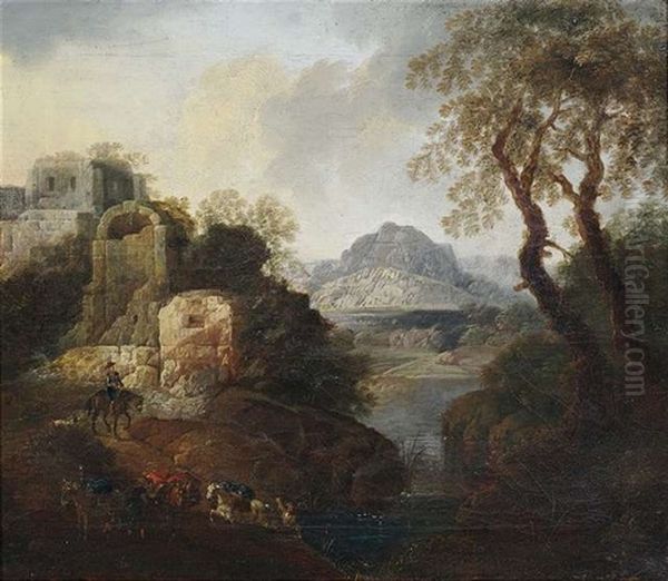 Zwei Flusslandschaften Mit Reisenden Vor Ruinen (pair) Oil Painting by Johann Franciscus Ermels