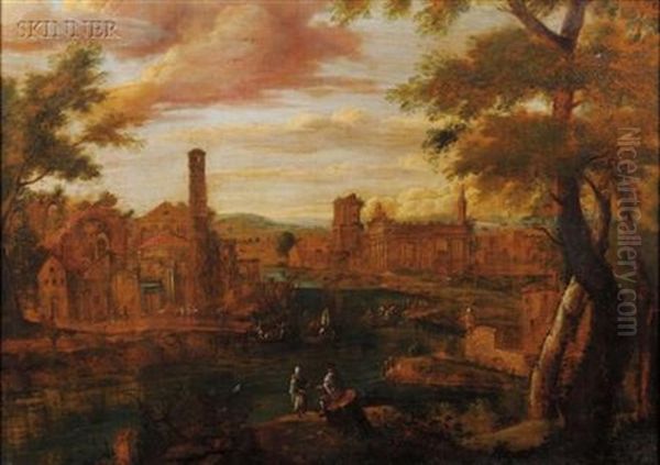 Animated View With Roman Ruins And Travelers Being Ferried Across A River Oil Painting by Johann Franciscus Ermels