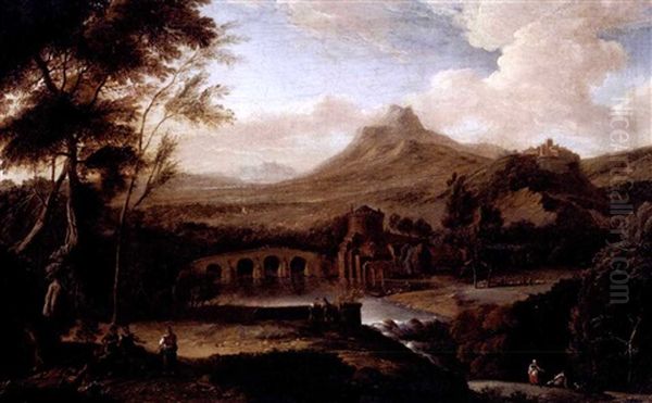 Classical Landscape With Figures, A Bridge Over A River And A Gate Tower In The Distance Oil Painting by Johann Franciscus Ermels