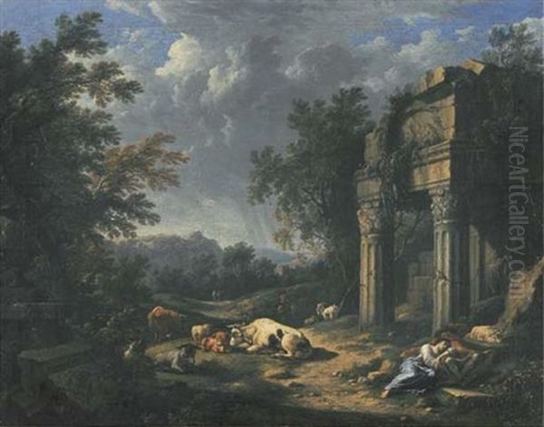 A Wooded Landscape With Travellers Resting Amongst Classical Ruins, Cattle, Sheep And Goats Nearby Oil Painting by Johann Franciscus Ermels