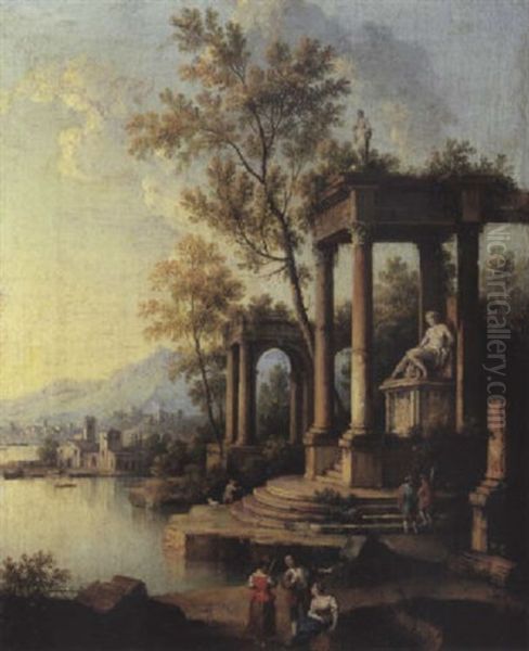 A Coastal Landscape With Figures By Classical Ruins, A Port Beyond Oil Painting by Johann Franciscus Ermels