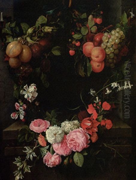 A Swag Of Plums, Grapes, Fraise Du Bois, With Lilies, Tulips, Roses And Other Flowers Decorating A Niche Oil Painting by Johann Franciscus Ermels