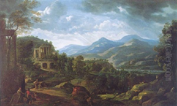 An Arcadian Landscape With Classical Figures In The Foreground, A Ruined Roman Temple, A River And An Extensive Mountain Landscape Beyond Oil Painting by Johann Franciscus Ermels