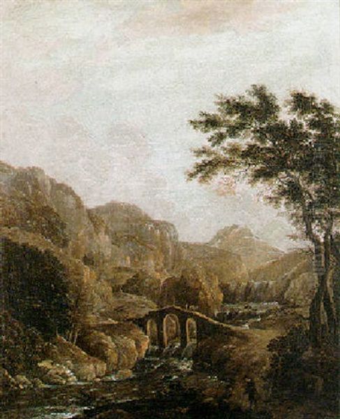 Mountainous, River Landscape With Travellers Resting In The Foreground, A Figure Crossing A Bridge Beyond Oil Painting by Johann Franciscus Ermels