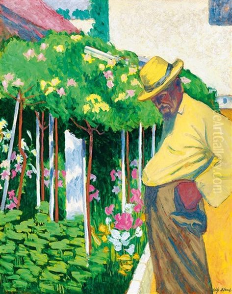 In The Flower Garden (the Gardener), C. 1910 Oil Painting by Goetz B. Erno