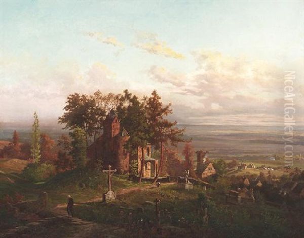 Blick In Ein Weites Sommerliches Tal Mit Einer Alten Romantischen Kapelle Am Friedhof Oil Painting by Alfred Von Ernst