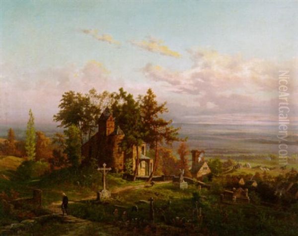 Romanische Kapelle Und Friedhof Auf Einer Anhohe Oil Painting by Alfred Von Ernst