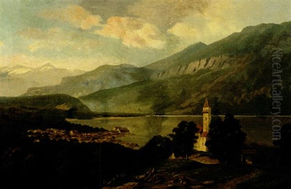 Seelandschaft In Den Alpen Mit Kirchdorf Und Figurenstaffage by Emil Von Ernst