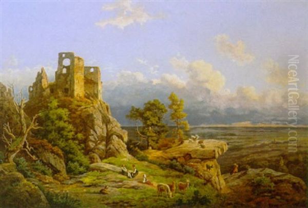 Bjerglandskab Med Ruin, I Forgrunden Personer Og Geder Oil Painting by Otto Von Ernst