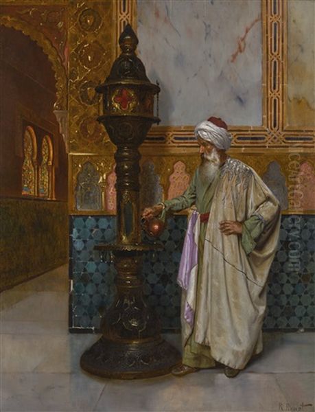 Tending The Lamp Oil Painting by Rudolf Ernst