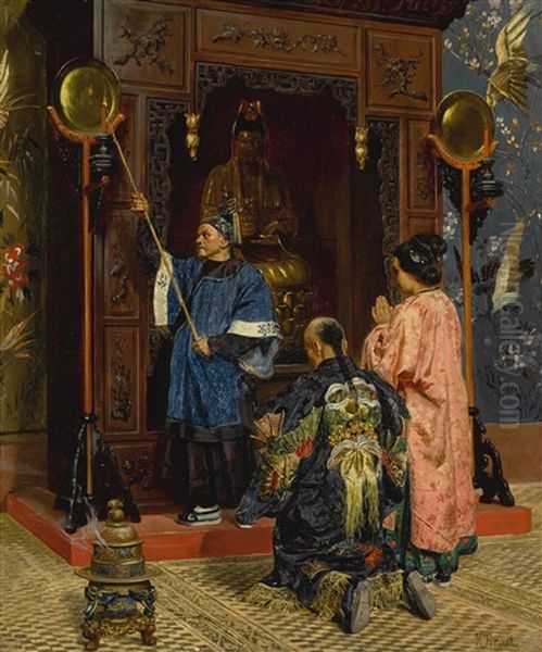 Worshippers At A Buddhist Shrine Oil Painting by Rudolf Ernst