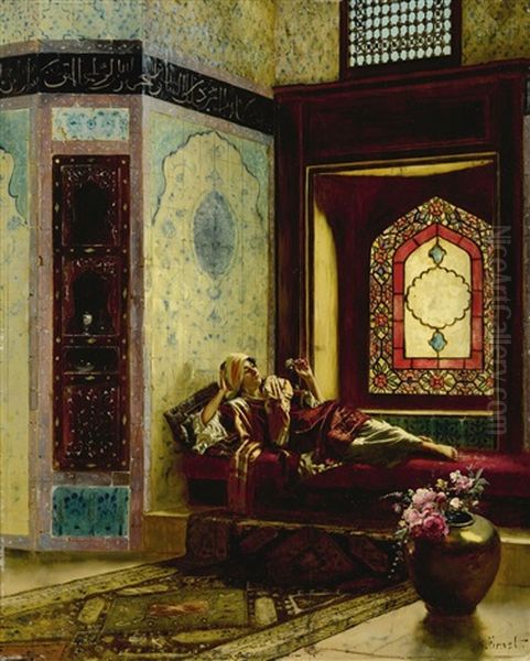 Languorous Oriental Lady With A Rose Oil Painting by Rudolf Ernst