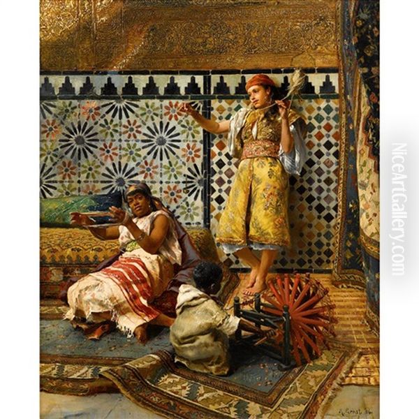 Spinning Yarn In The Harem by Rudolf Ernst