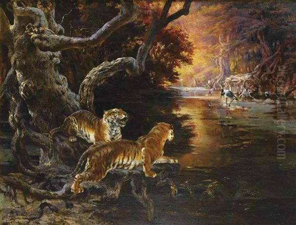 Two Tigers On The Hunt Oil Painting by Rudolf Ernst