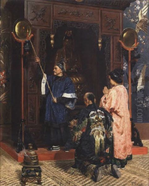 A Chinese Family At Worship Oil Painting by Rudolf Ernst