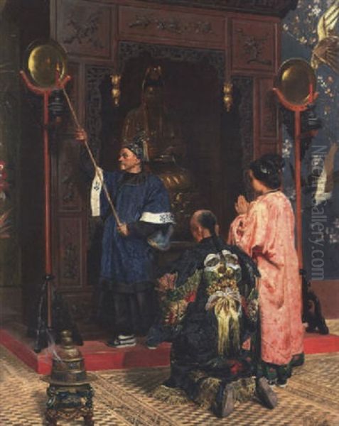 Figures Beside A Chinese Shrine Oil Painting by Rudolf Ernst