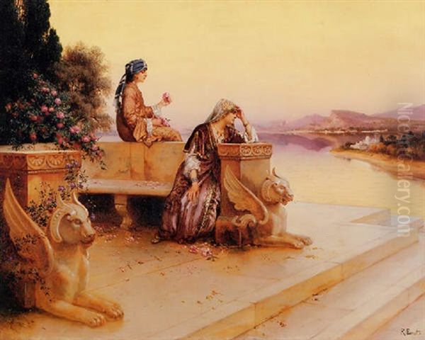 Elegant Arab Ladies On A Terrace At Sunset Oil Painting by Rudolf Ernst