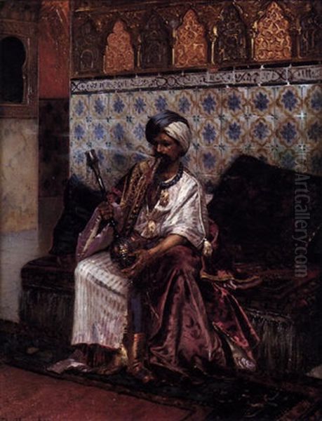 Un Arabe Fumant Une Pipe A Eau Dans Un Interieur Orientaliste Oil Painting by Rudolf Ernst