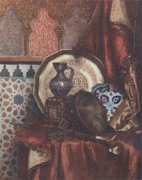 A Tambourine, Knife, Turkish Box, Turkish Jug, Moroccan Tile And Plate On A Satin Covered Table Oil Painting by Rudolf Ernst