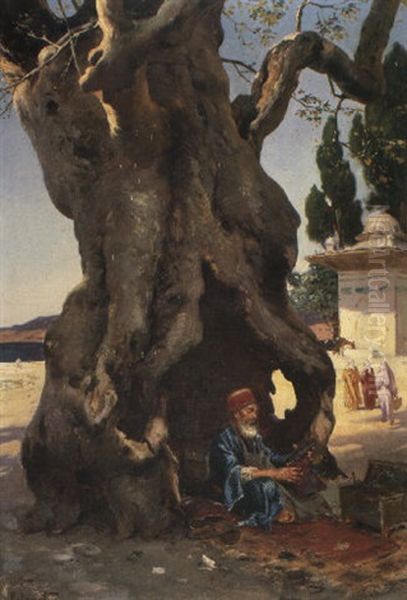 An Arab Man Under A Baobab Tree Oil Painting by Rudolf Ernst