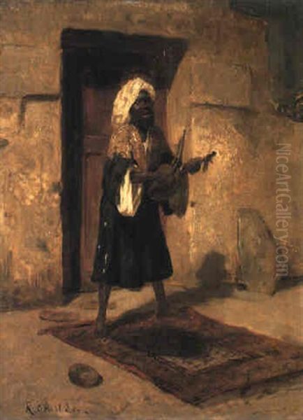 A Street Musician Oil Painting by Rudolf Ernst