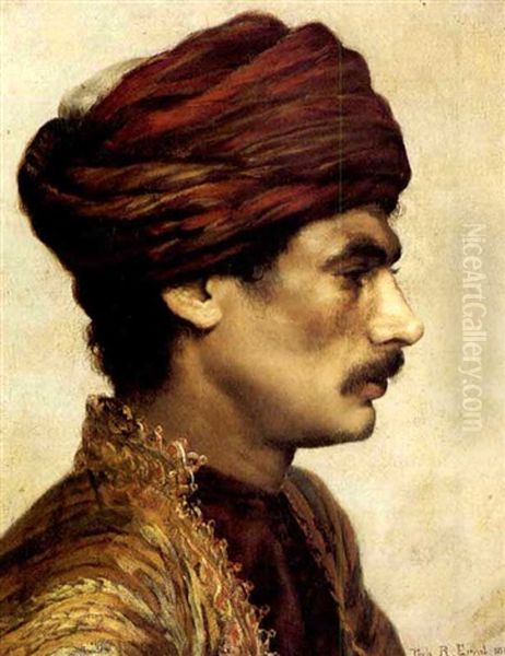 Profile Portrait Of A Man In A Red Turban Oil Painting by Rudolf Ernst