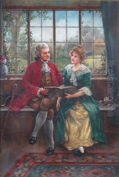 Young Couple Seated, Reading By Awindow Oil Painting by William F. Ashburner