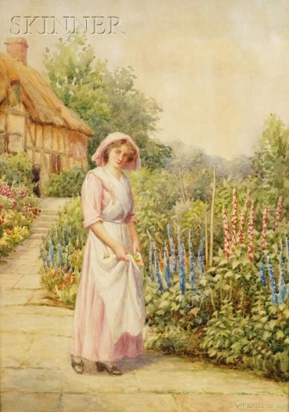 Gathering Flowers In The Garden Oil Painting by William F. Ashburner