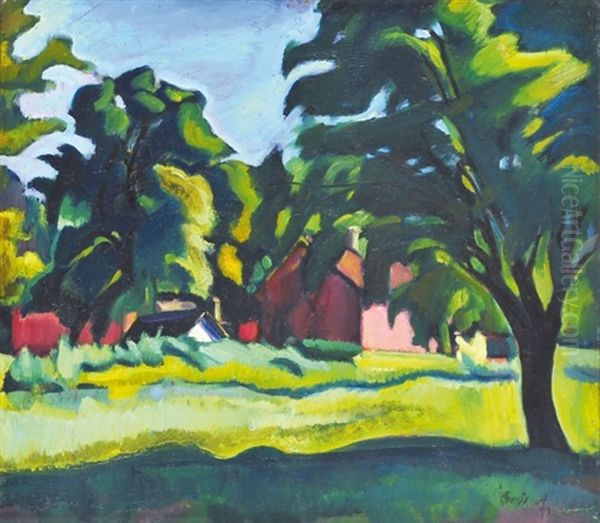 Sunny Parkland With A House Oil Painting by Andor Eroes