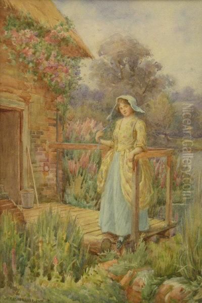 Lady By A Cottage Doorway Oil Painting by William F. Ashburner