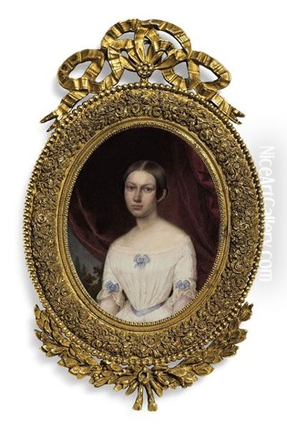 A Young Lady, In Lace-trimmed White Off-the-shoulder Dress With Blue Sash And Blue Bows On Sleeves And At Corsage, Fair Centre-parted Upswept Hair Oil Painting by Carlo (Charles) Errani