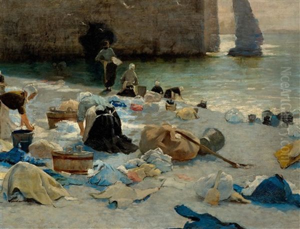 Washerwomen At Etretat In Normandy Oil Painting by Jose Tomas Errazuriz